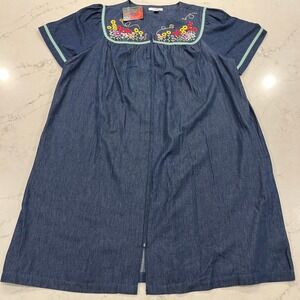 Go Softly NEW Cotton Chambray Patio House Dress XL Muumuu Embroidered Floral Bee